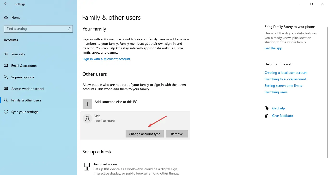cambie el tipo de cuenta para restablecer los permisos de registro de Windows 10