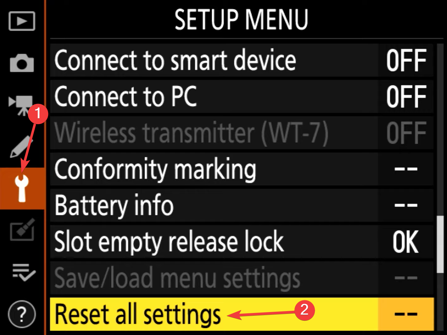 restablecer todas las configuraciones para reparar la cámara Nikon que no se conecta a Bluetooth
