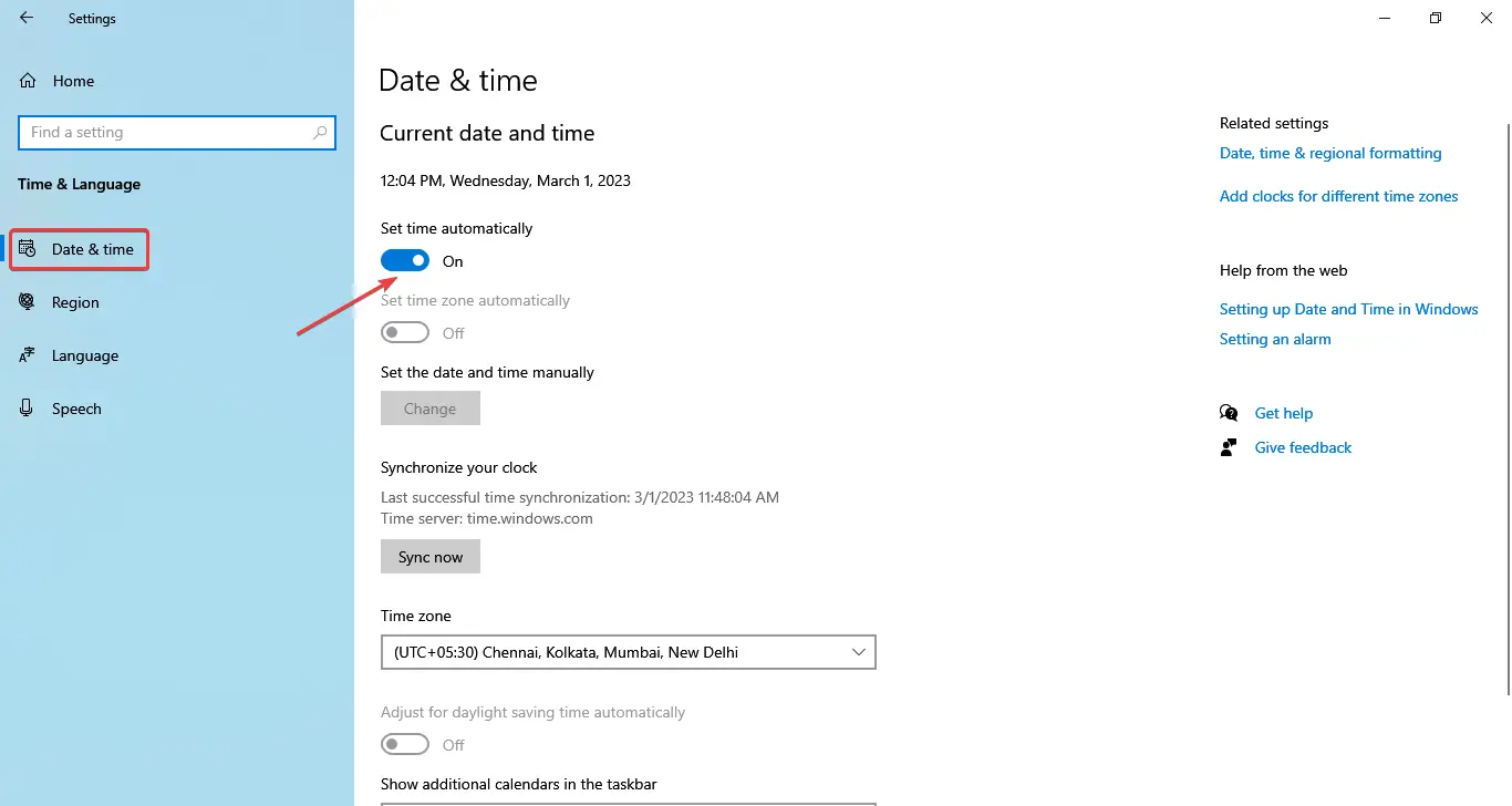establezca la hora automáticamente para corregir que hubo un error al conectarse al servidor de identificación de Apple Windows 10
