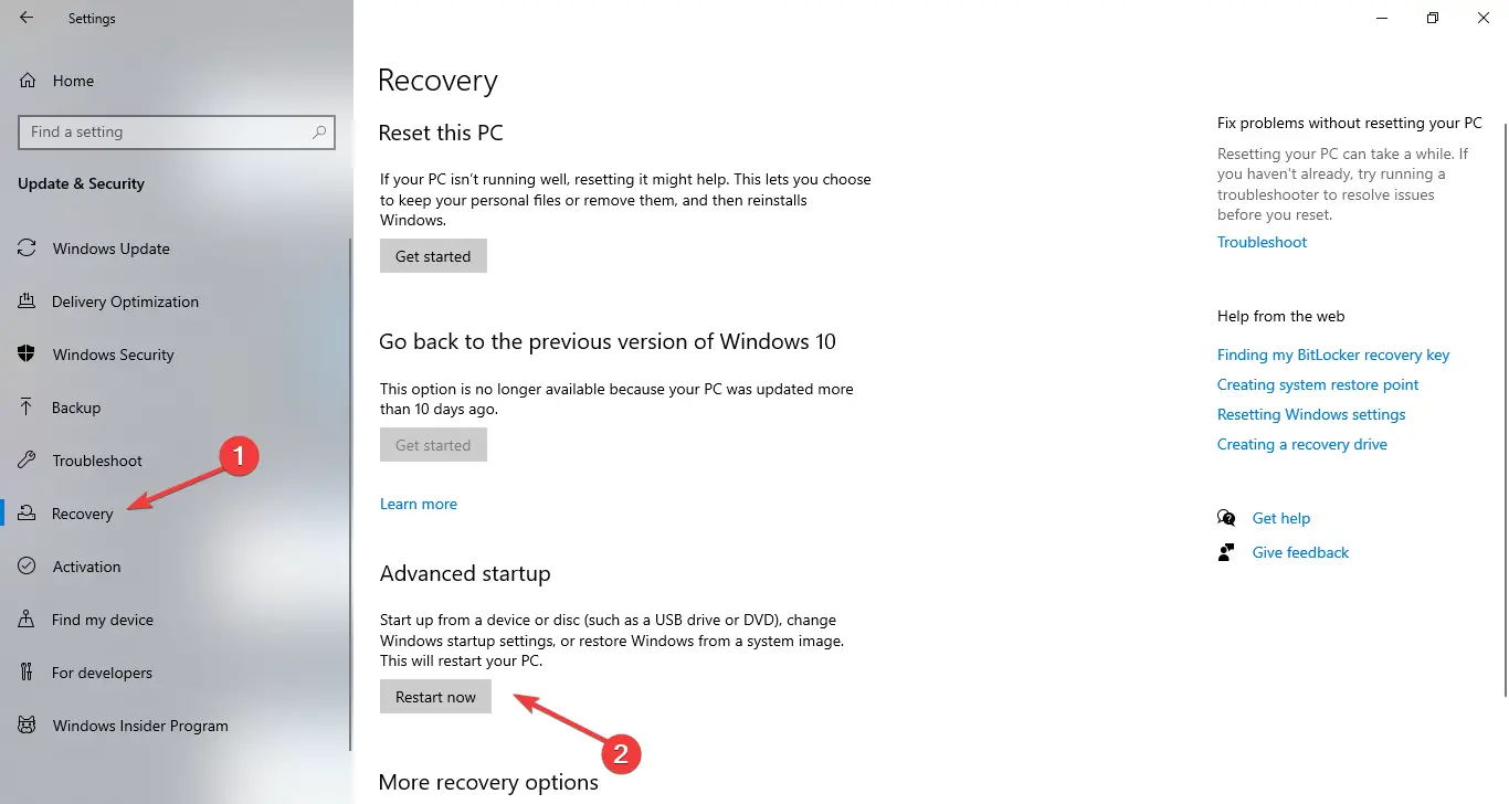 Recuperación Inicio avanzado: desactivar el modo de suspensión de Windows 10