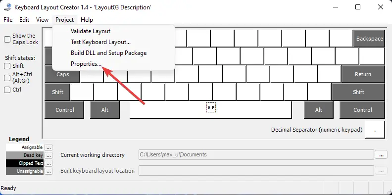  Opción de propiedades diseño de teclado windows 11