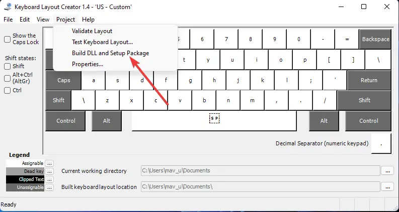 Build DLL y Setup Package opción diseño de teclado windows 11