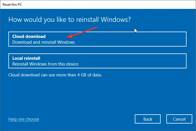 Descarga en la nube Windows 10 Restablecer PC Error 0x80070006