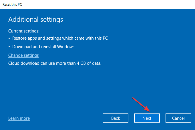 Configuración adicional Siguiente Windows 10 Restablecer PC