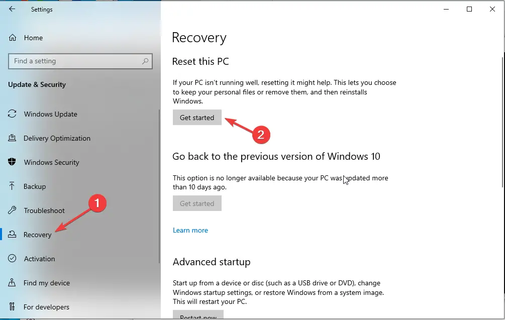 Recuperación Restablecer Windows 10 PC Error 0x80070006