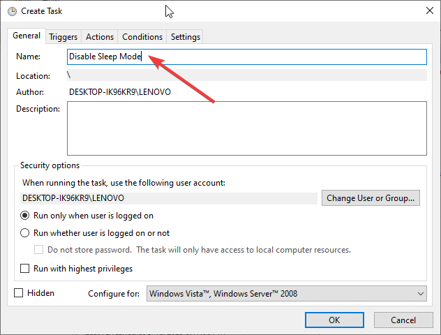 Crear tarea Deshabilitar el modo de suspensión apagar Windows 10