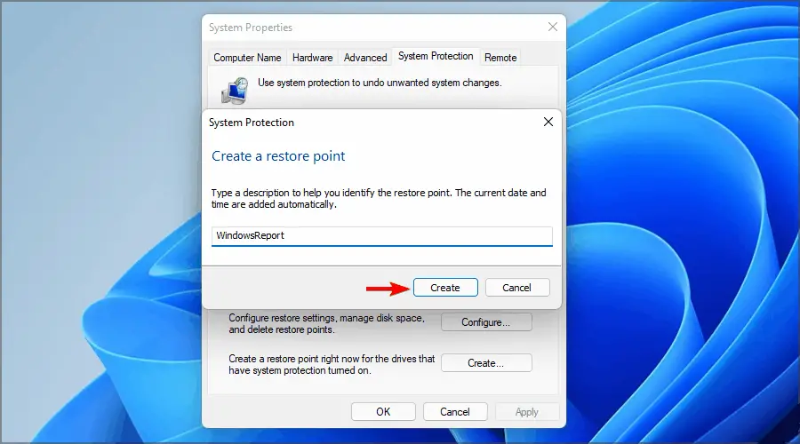 crear un nombre de punto de restauración de Windows 11