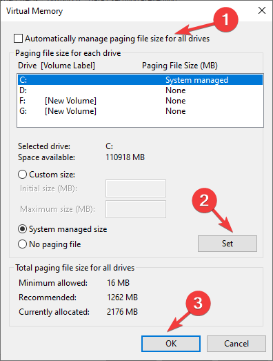 Administre automáticamente archivos de paginación para todas las unidades