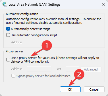 Usar el servidor proxy para deshabilitar LAN 