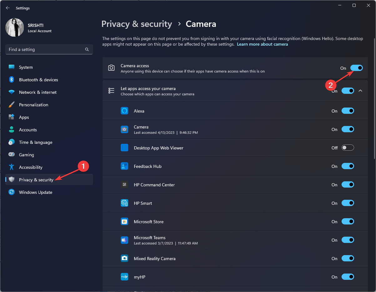 Privacidad y seguridad y acceso a la cámara 0xa00f4289