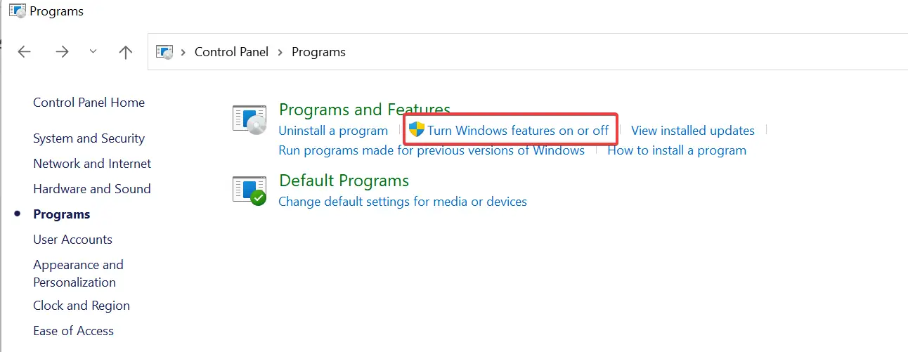 Activar o desactivar funciones de Windows para habilitar una configuración