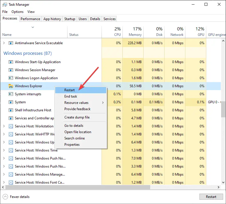 reiniciar la barra de tareas de Windows Explorer Windows 10