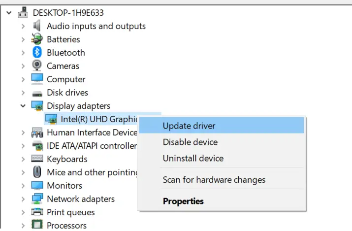 Actualice el controlador del adaptador de pantalla gráfica Intel UHD