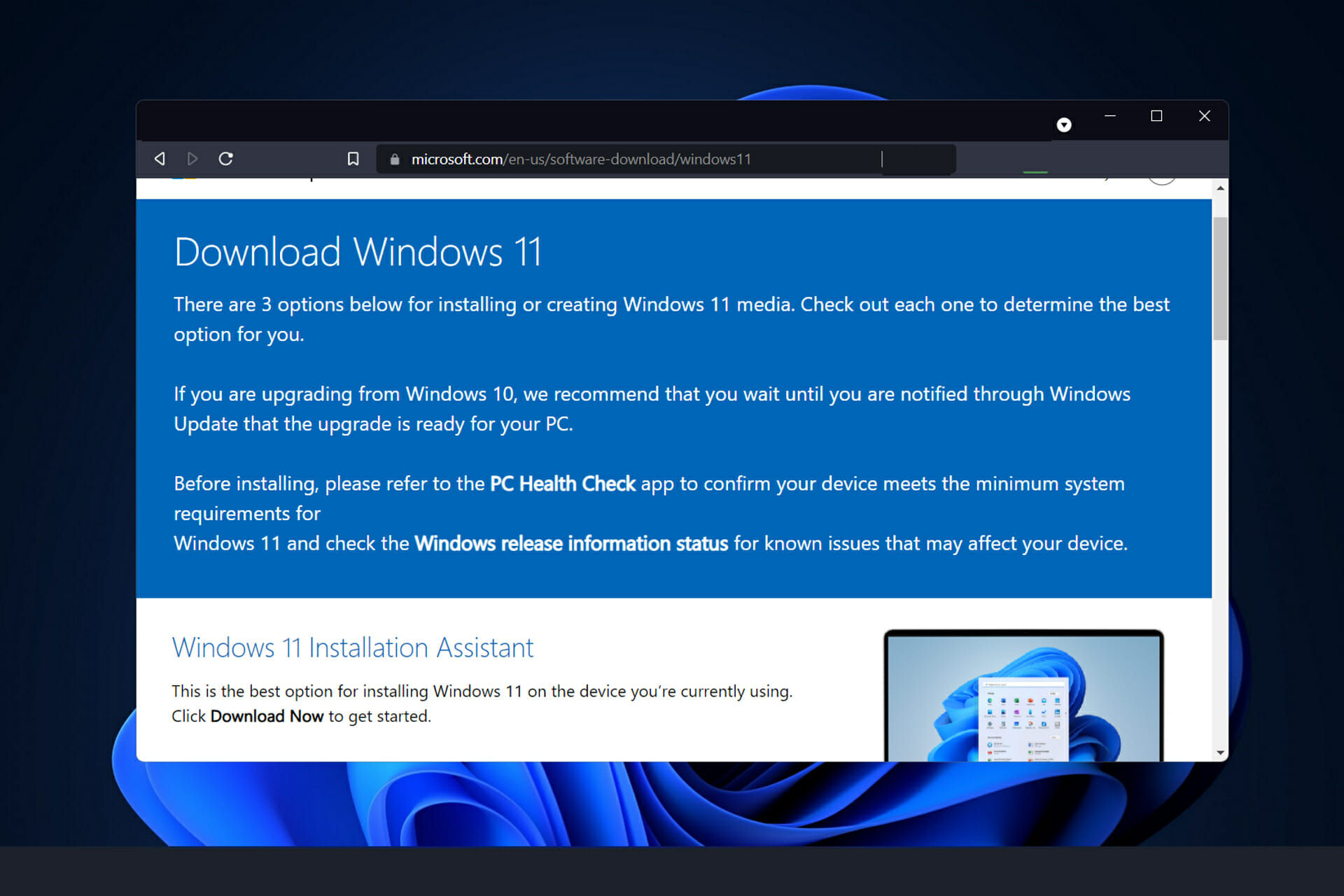 asistente de instalación de Windows 11, herramienta de actualización del asistente