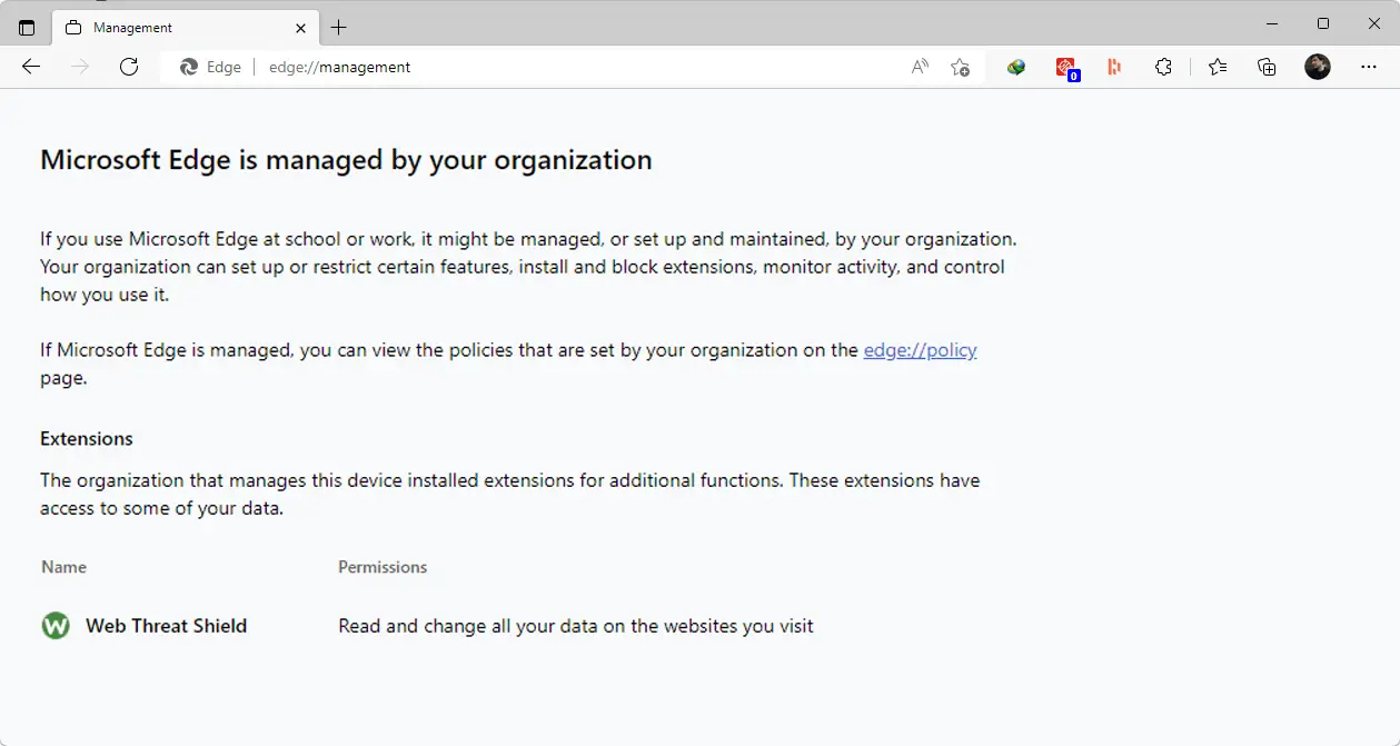Captura de pantalla: Microsoft Edge es administrado por su organización