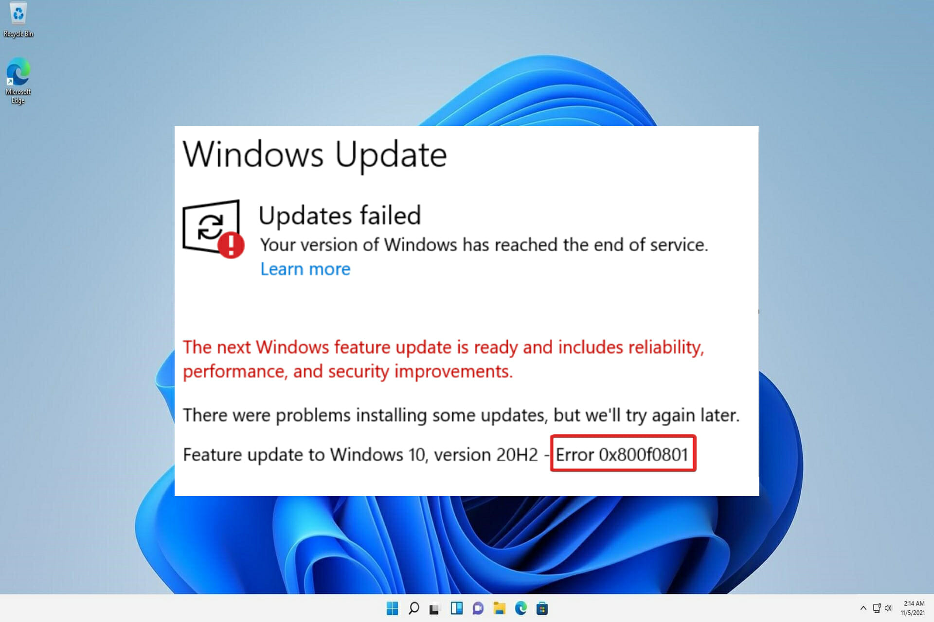 error-800f08 código de error de Windows 11 0x800f0801