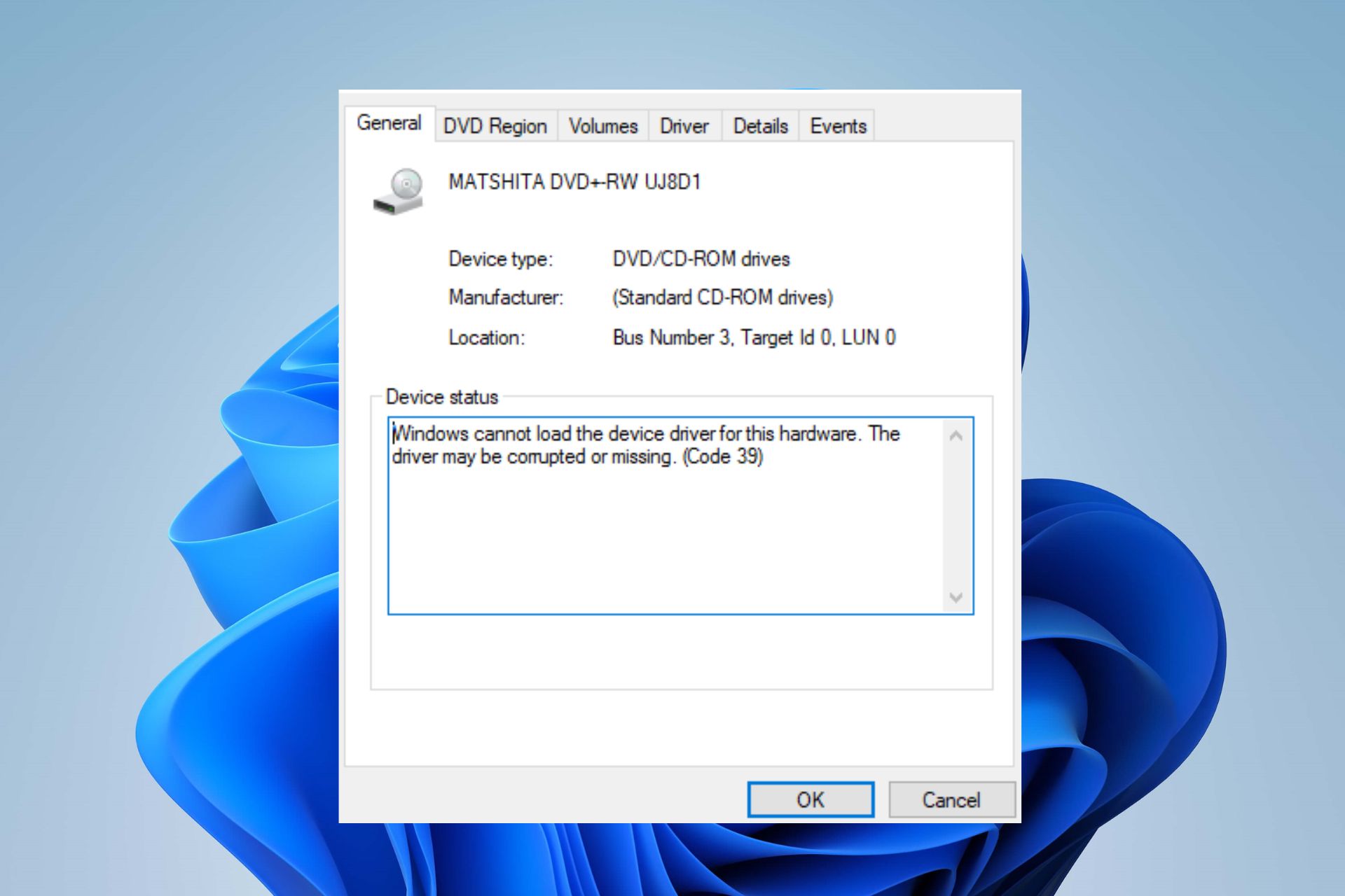 Windows no puede cargar el código de controlador de dispositivo 39