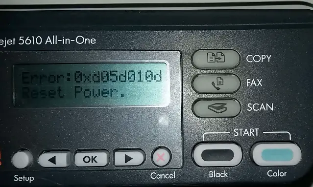 El error de impresora de pantalla 5610 0xd05d010d restablecer la alimentación