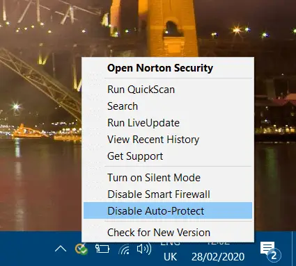 Menú contextual del antivirus Norton Error de aplicación de Windows 0xc0000906