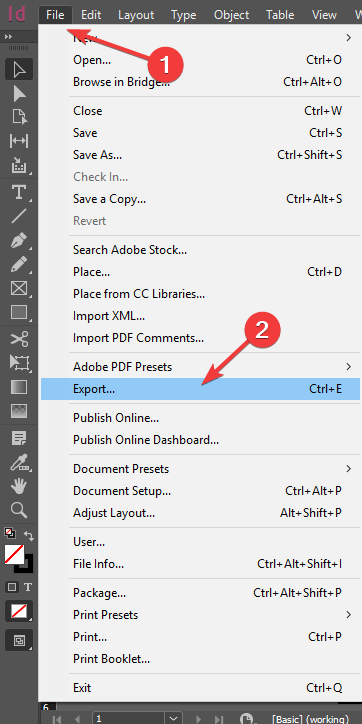 Opción de exportación de archivos de InDesign: faltan complementos de Adobe InDesign