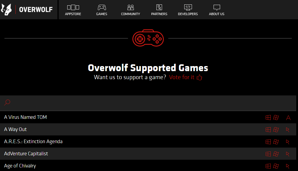 La página de juegos compatibles de Overwolf overwolf no graba