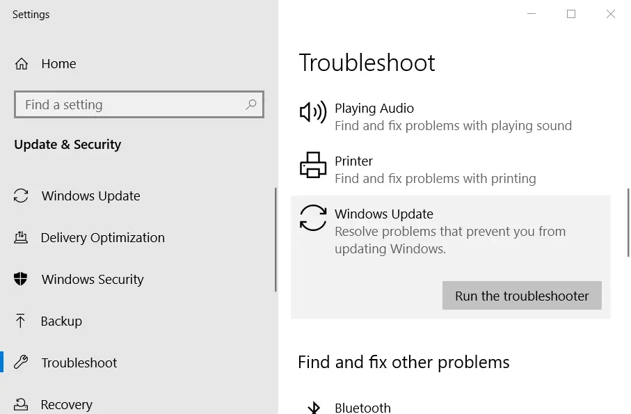 Pestaña Solucionar problemas Solucionar error 0x800700d8 en Windows 10