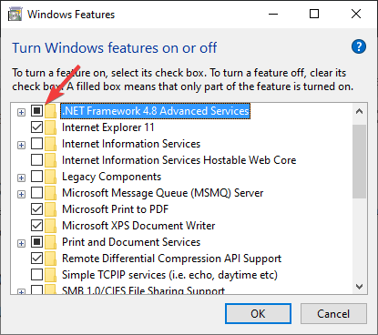desactive .NET framework 4.8 - Citrix Receiver se produjo un error fatal en Windows 10