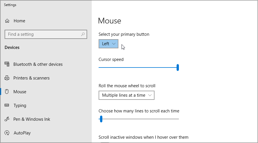 configuración del ratón windows 10