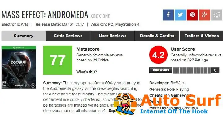 Mass Effect: Andromeda obtiene una intrigante puntuación de usuario de 4.2 en Metacritic