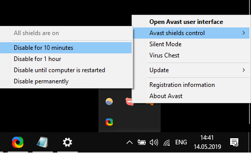 El submenú de control de Avast Shield, Musicbee, no abre Windows 10