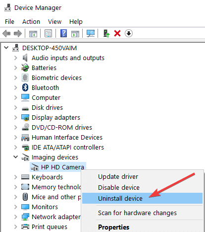 desinstalar los controladores de la aplicación de la cámara de Windows 10