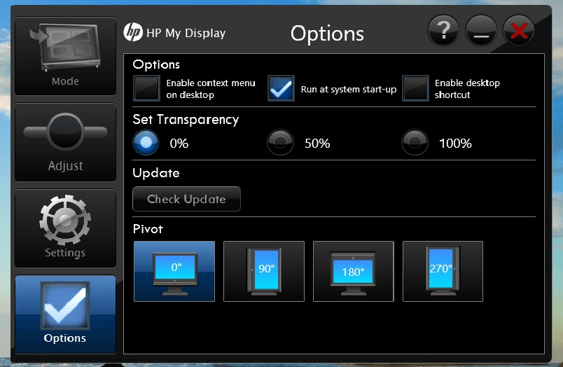 Opciones de Mi pantalla HP