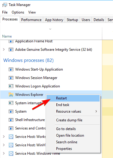 reinicie el proceso del explorador de Windows