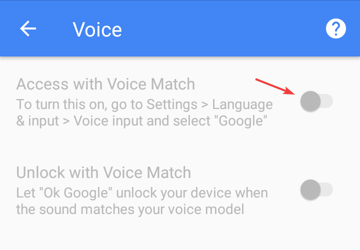 acceso con asistente de google de coincidencia de voz apareciendo