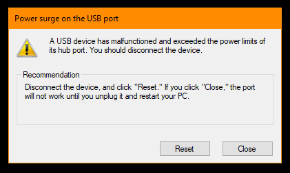 Subida de tensión en el puerto USB [Error / Pop-up notification]