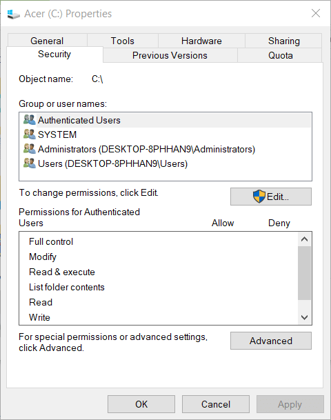 Ventana Propiedades de la unidad Error 0x80071771 en Windows 10