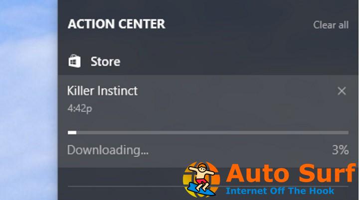 Win10 Action Center ahora muestra la aplicación Store y el progreso de la descarga del juego