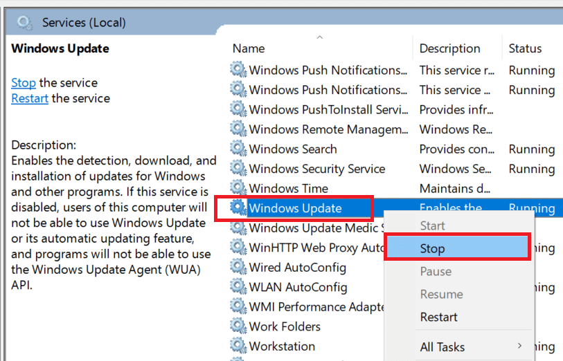 Servicios - Actualización de Windows - Detener