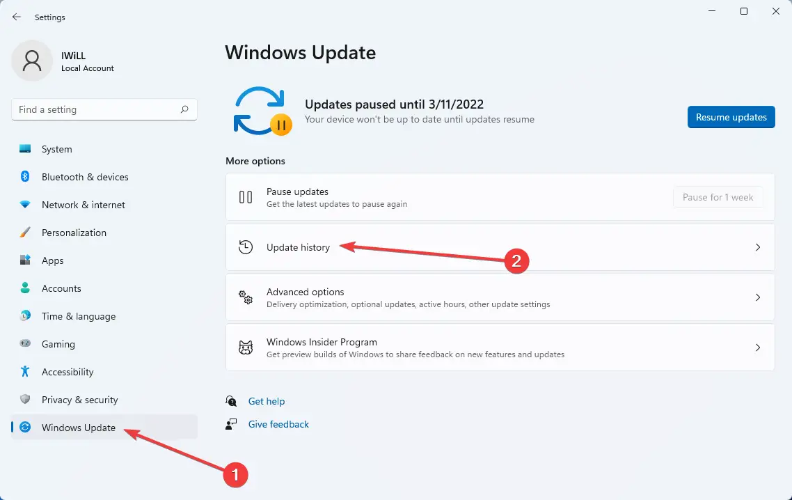 Historial de actualizaciones en Windows Update